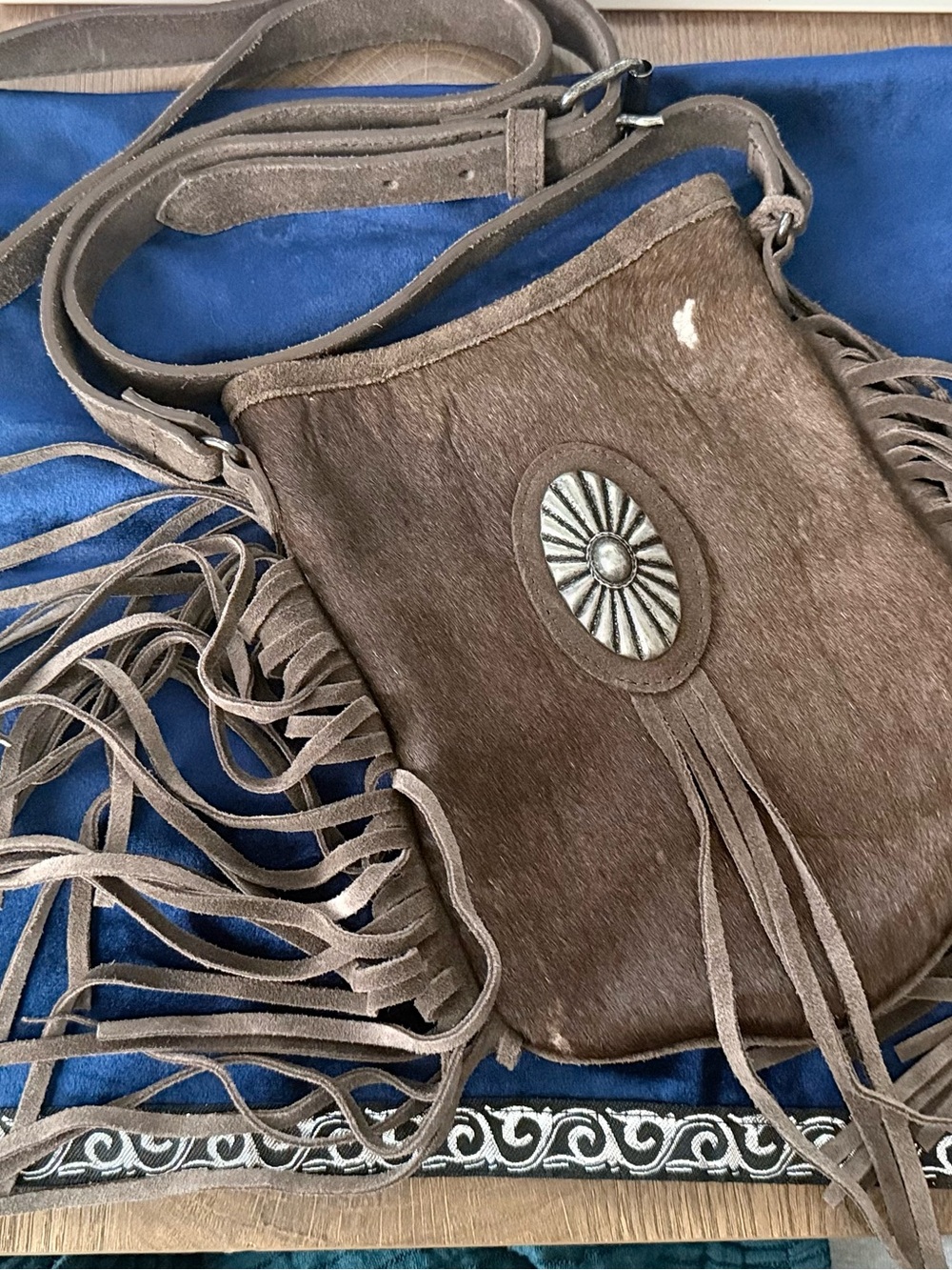 Brown Fringe Crossbody Bag with Concho Accent